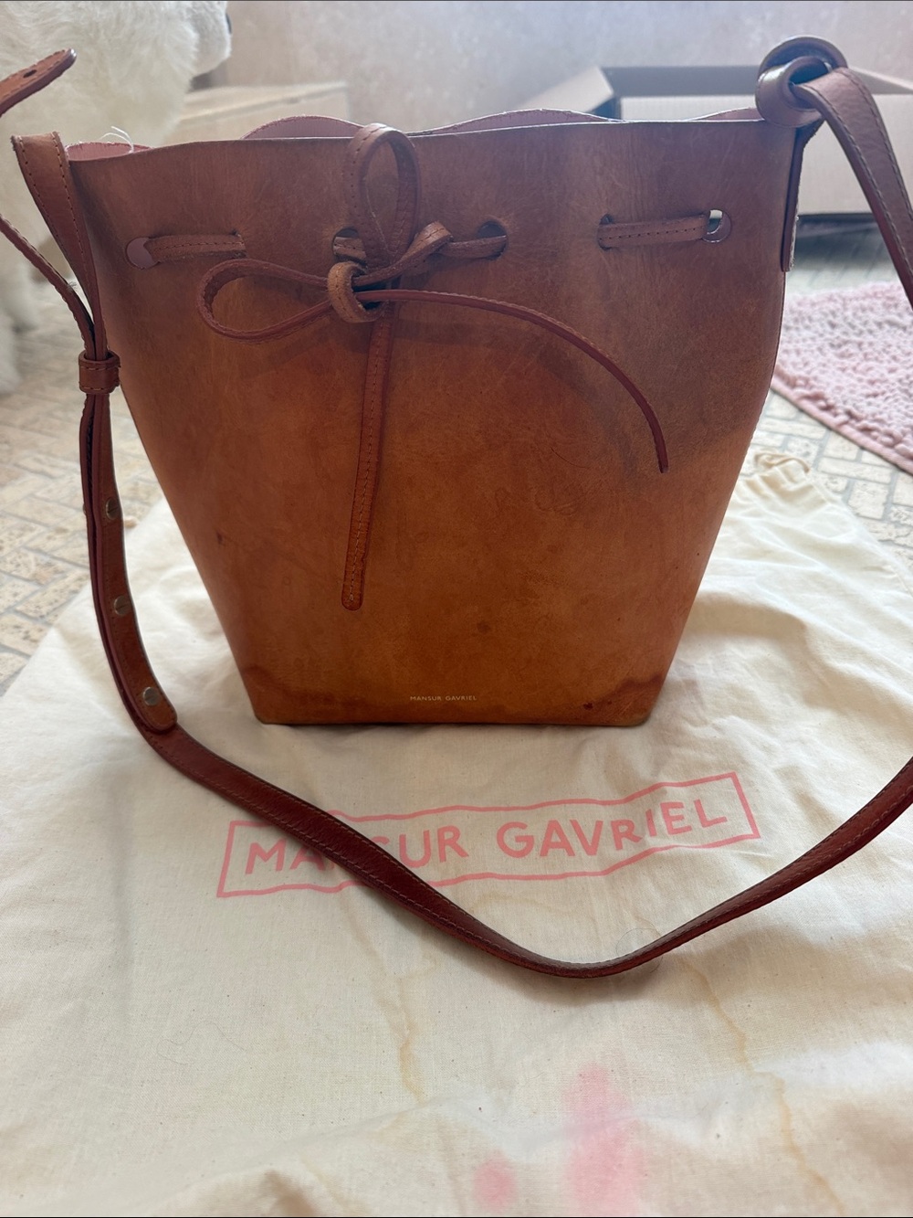 Mansur Gavriel Cognac Leather Drawstring Bucket Bag